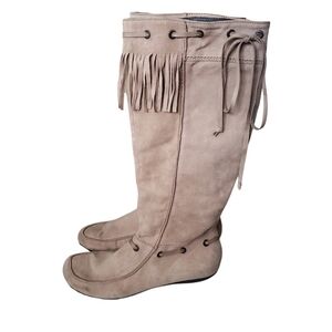 Vic Matie Beige Suede Tall Boots Fringed Boho Moccasin Style Made in Italy